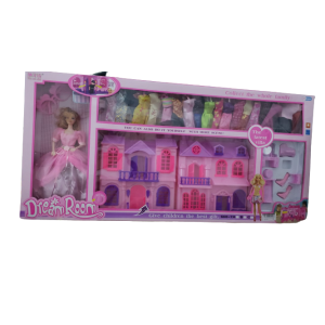 The doll house is in the shape of a villa