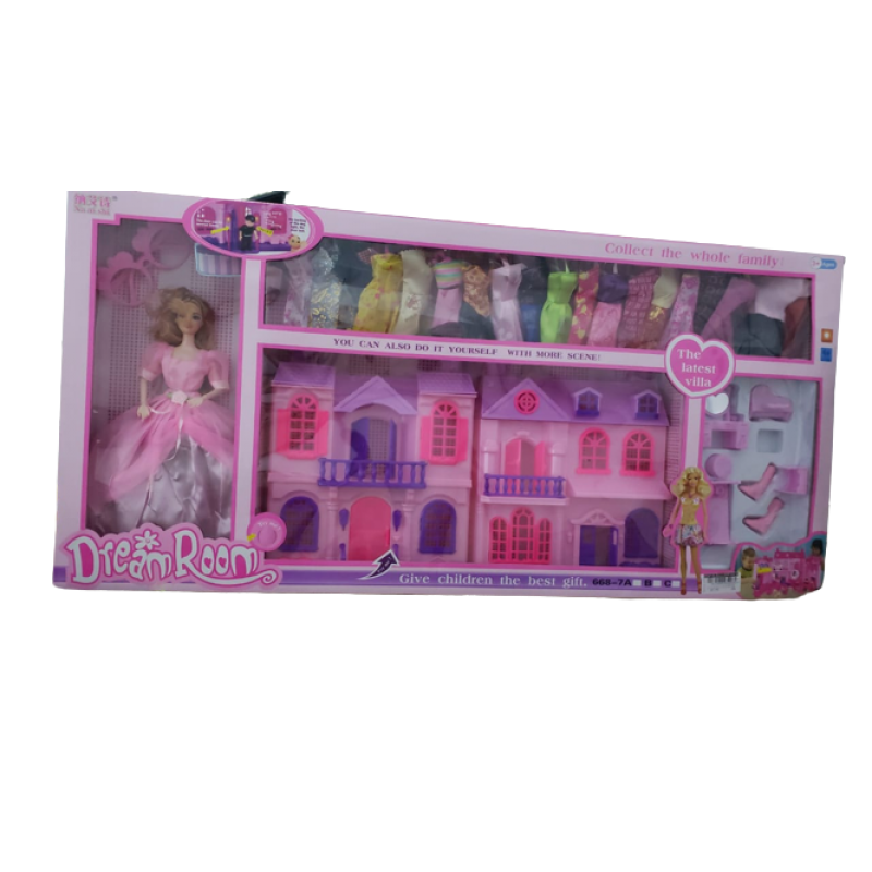 The doll house is in the shape of a villa