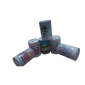 Cylindrical iron piggy banks, painted