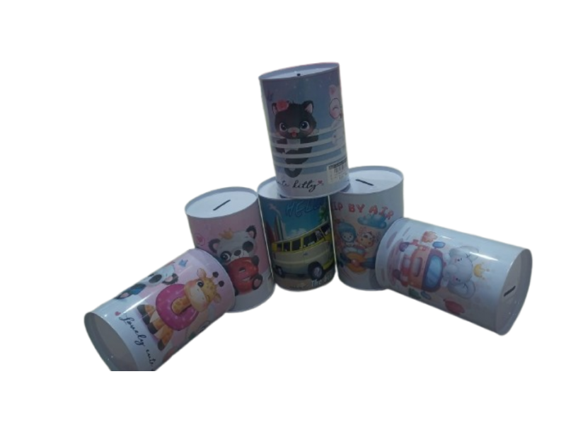 Cylindrical iron piggy banks, painted