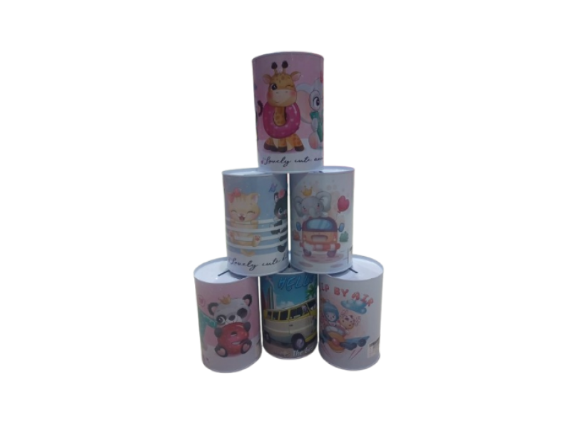 Cylindrical iron piggy banks, painted