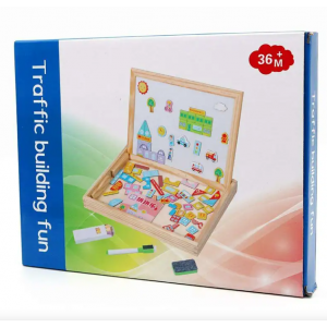 A board for writing, drawing and assembling shapes. An educational game for children.