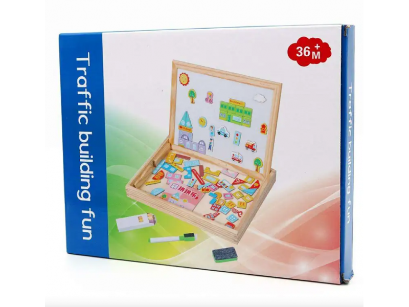 A board for writing, drawing and assembling shapes. An educational game for children.