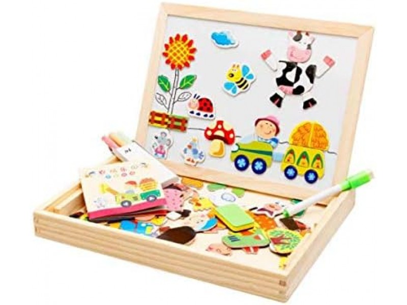A board for writing, drawing and assembling shapes. An educational game for children.