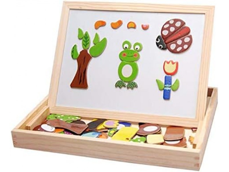 A board for writing, drawing and assembling shapes. An educational game for children.
