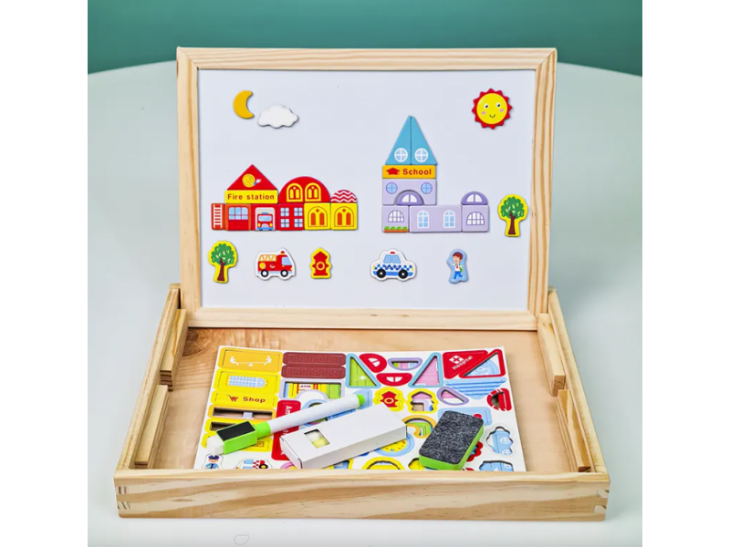 A board for writing, drawing and assembling shapes. An educational game for children.