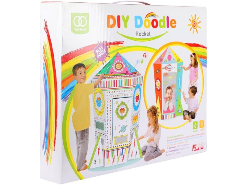 Space-themed playhouse encourages artistic expression.