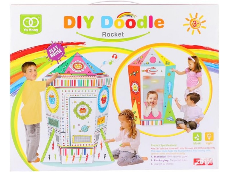 Space-themed playhouse encourages artistic expression.