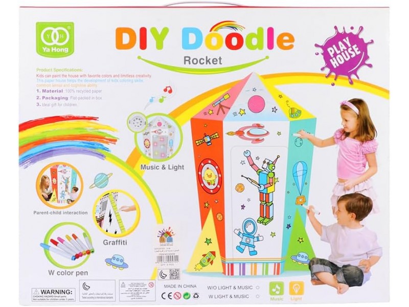 Space-themed playhouse encourages artistic expression.