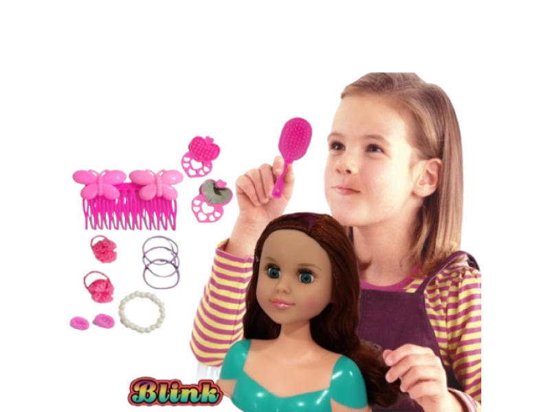 Girls Makeup and Hair Styling Doll Head Playset, Fashion Accessories, Kids Doll