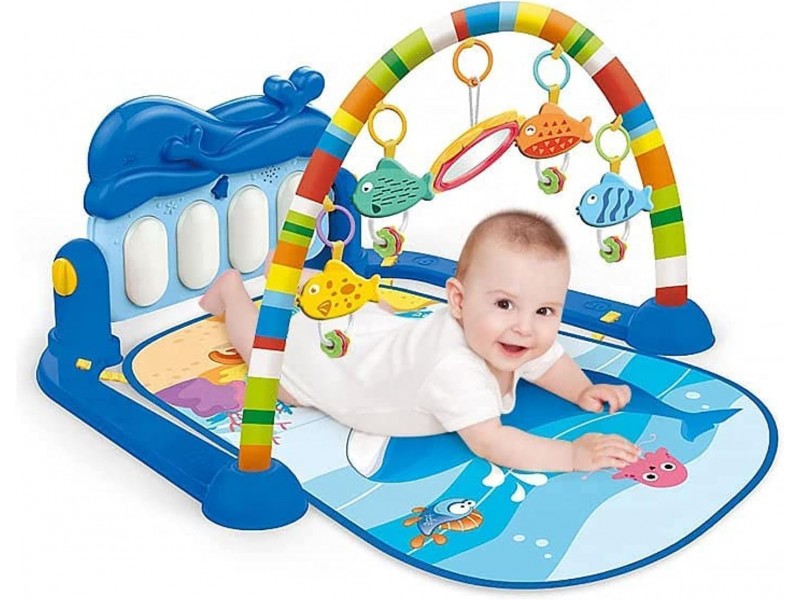 Baby Gym Piano Play Mat with 5 Hanging Toys and Rotating Piano 