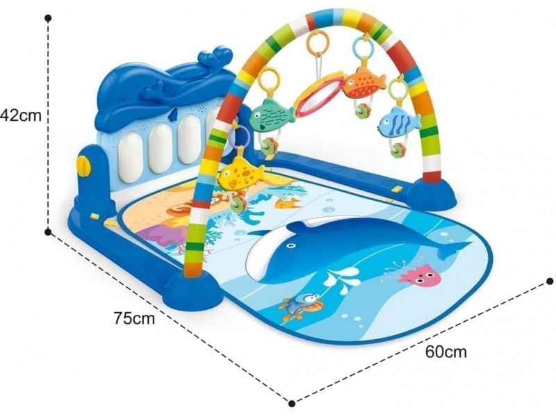 Baby Gym Piano Play Mat with 5 Hanging Toys and Rotating Piano 