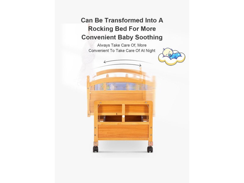 Baby Bayside Baby Cot, Double Wooden Cot, Rocking Cot with Wheels (Brown)