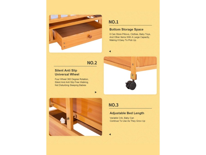 Baby Bayside Baby Cot, Double Wooden Cot, Rocking Cot with Wheels (Brown)